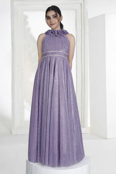 Lavender High-Neck Floral Emblished Party Gown for Girls